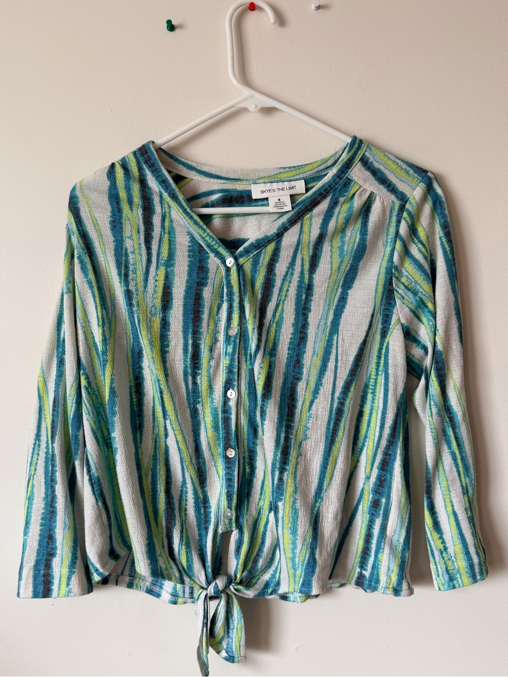 Skye's the Limit Striped Button Tie-Front Top in Teal, Aqua & Lime